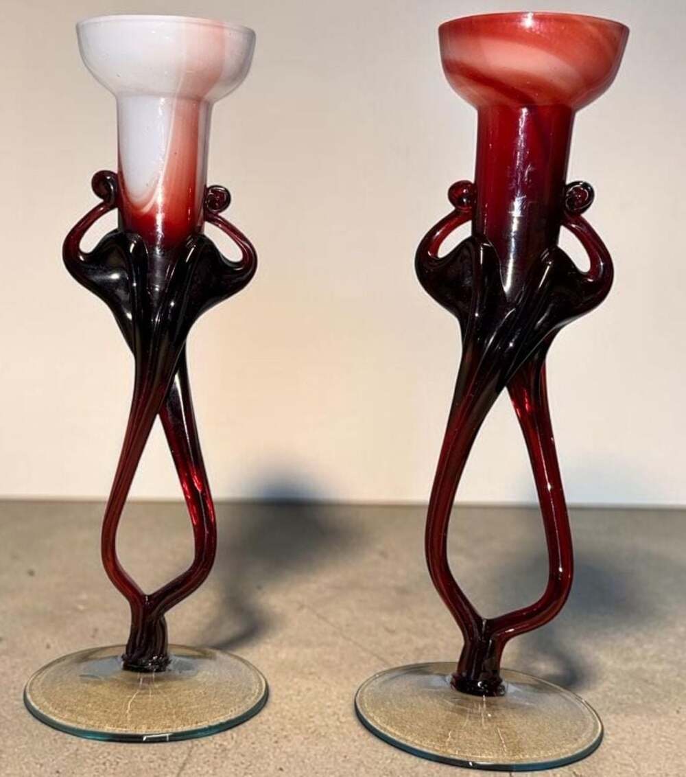 Vintage Pair of Jozefina Krosno Hand Blown Art Glass Candlestick Holders